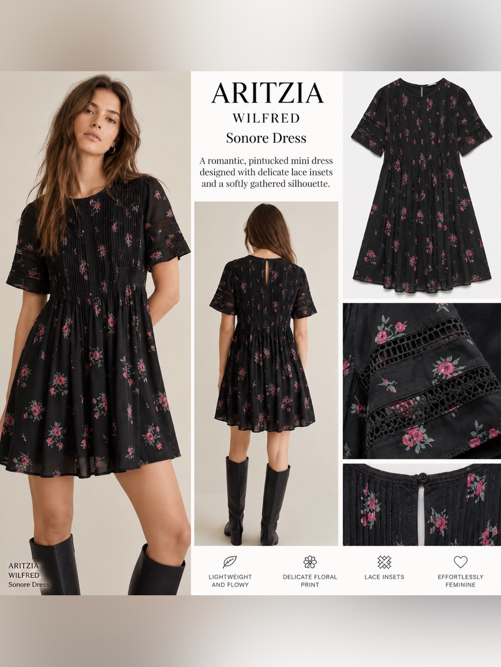 Aritzia Wilfred Sonore Black Floral Pintuck Lace Dress XS